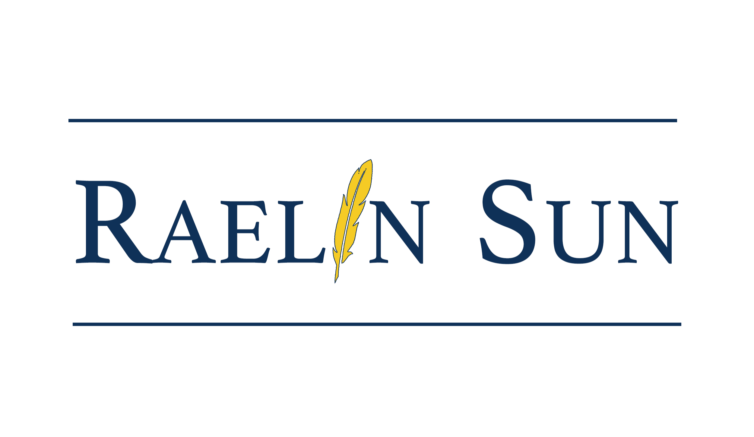 Logo with 'RAELIN SUN' text and a feather on a white background